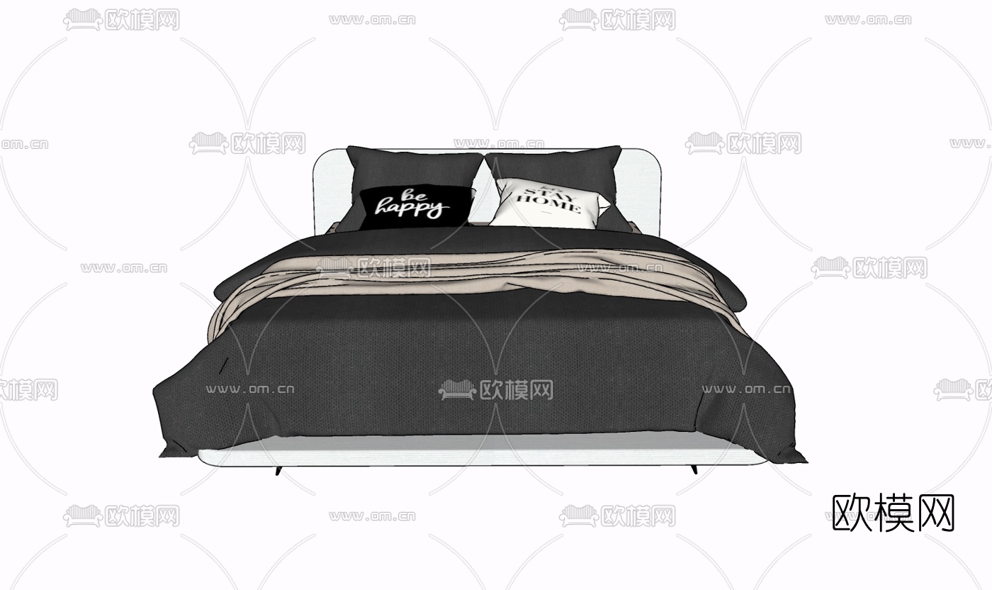 现代布艺双人床免费su模型下载