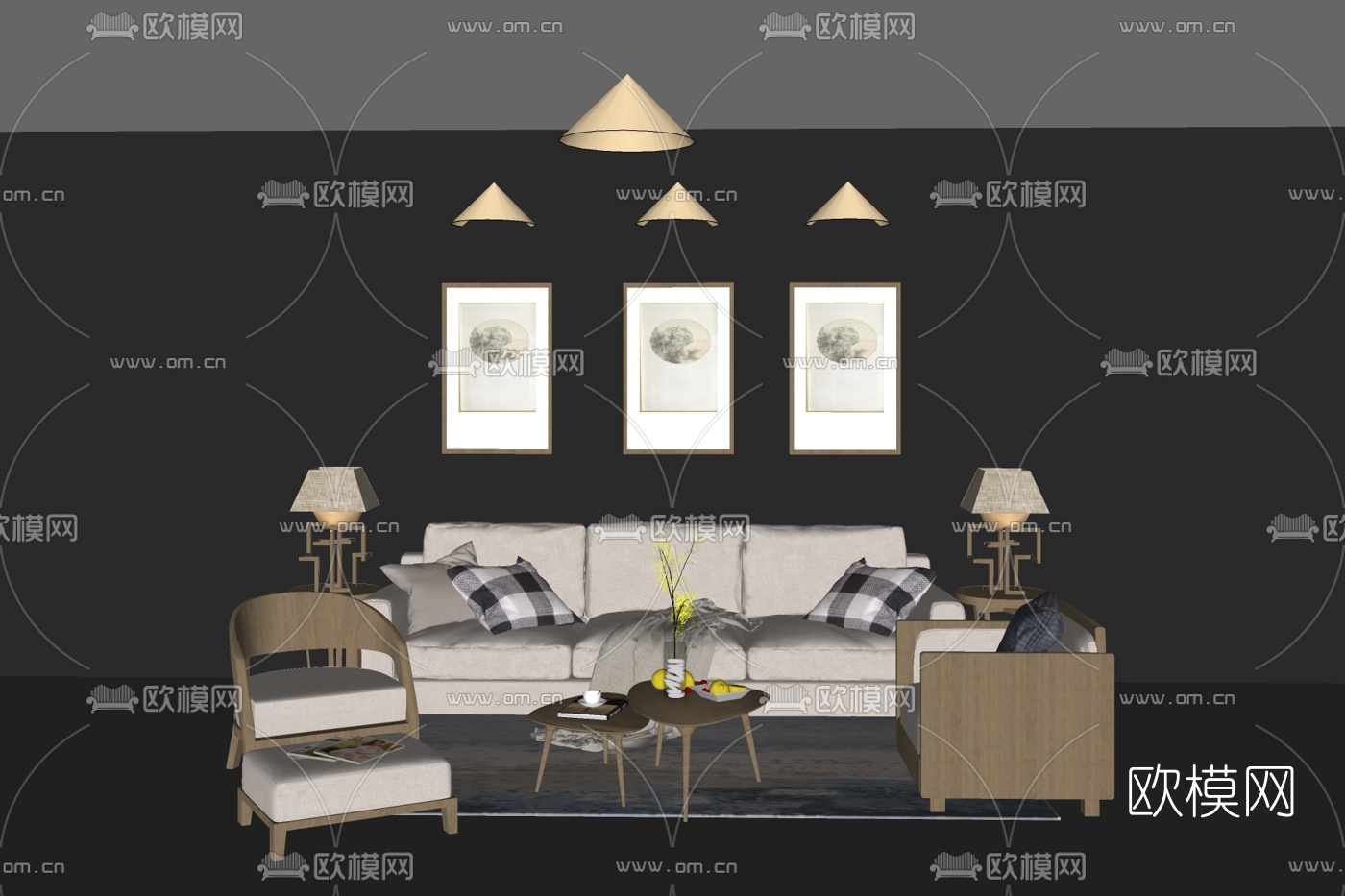 现代布艺组合沙发免费su模型下载