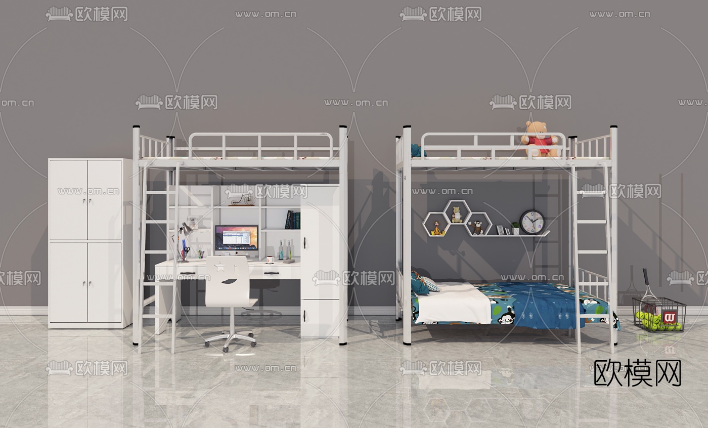 现代上下床高架床3d模型