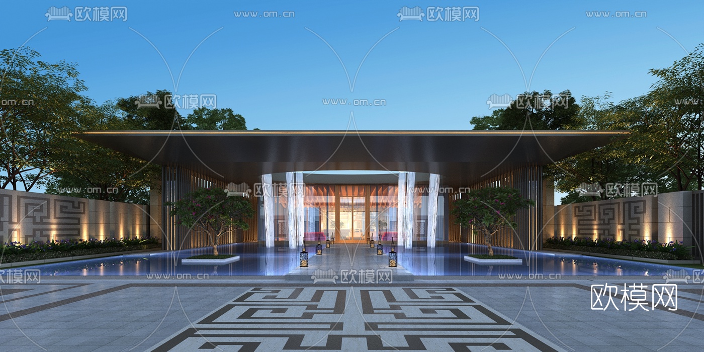 新中式售楼处外观夜景3d模型