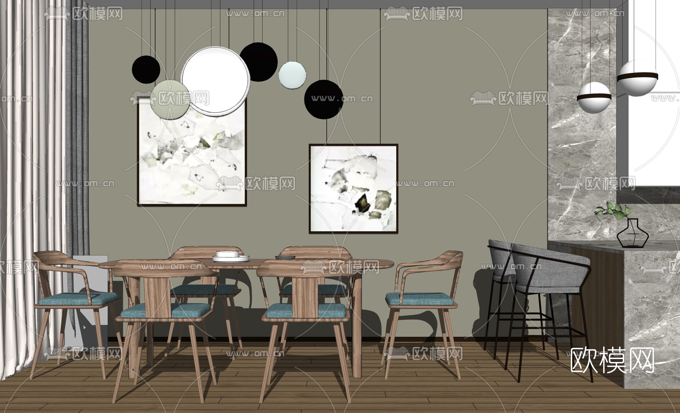 北欧实木餐桌椅su模型