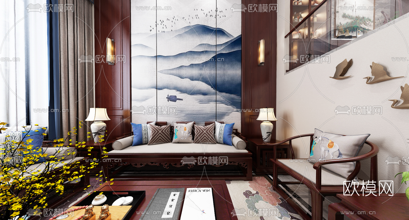新中式客厅餐厅vr全景3d模型