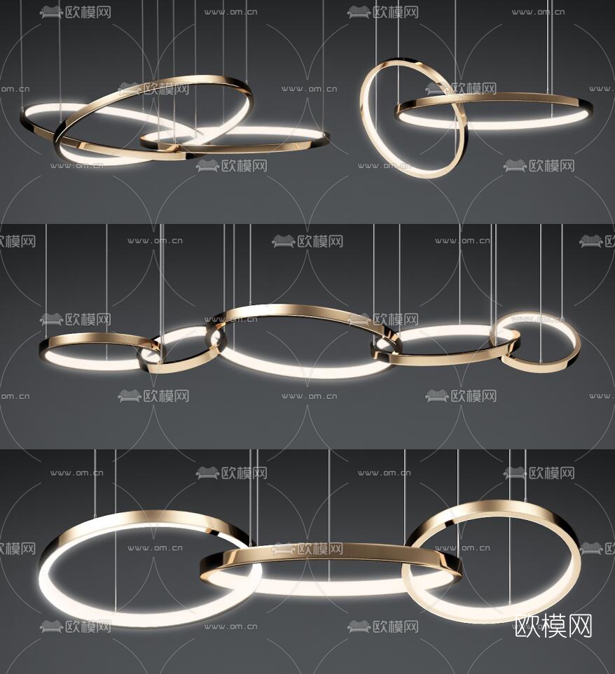 现代金属环形吊灯组合3d模型-免费3dmax模型库-欧模网
