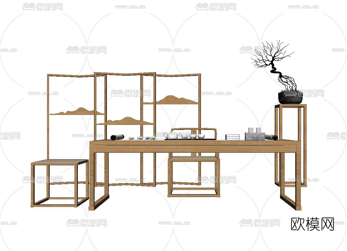 新中式茶桌椅su模型下载