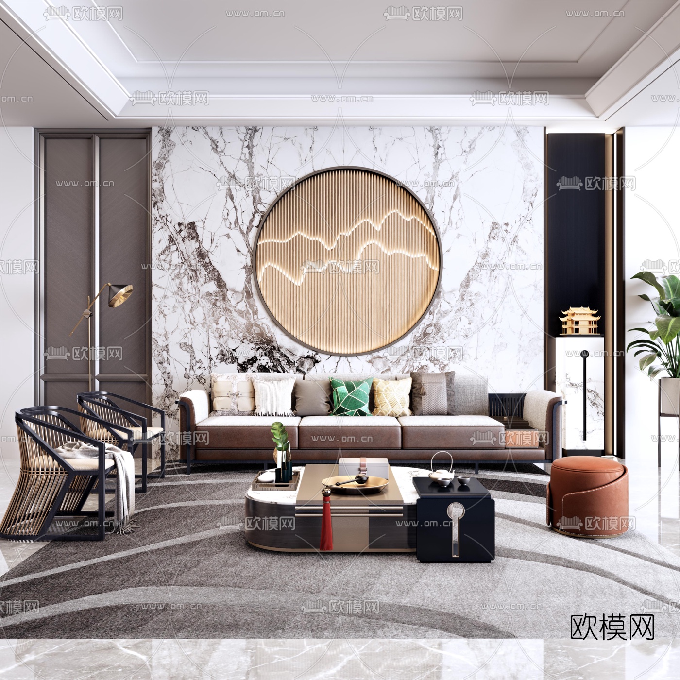 新中式布艺组合沙发3d模型