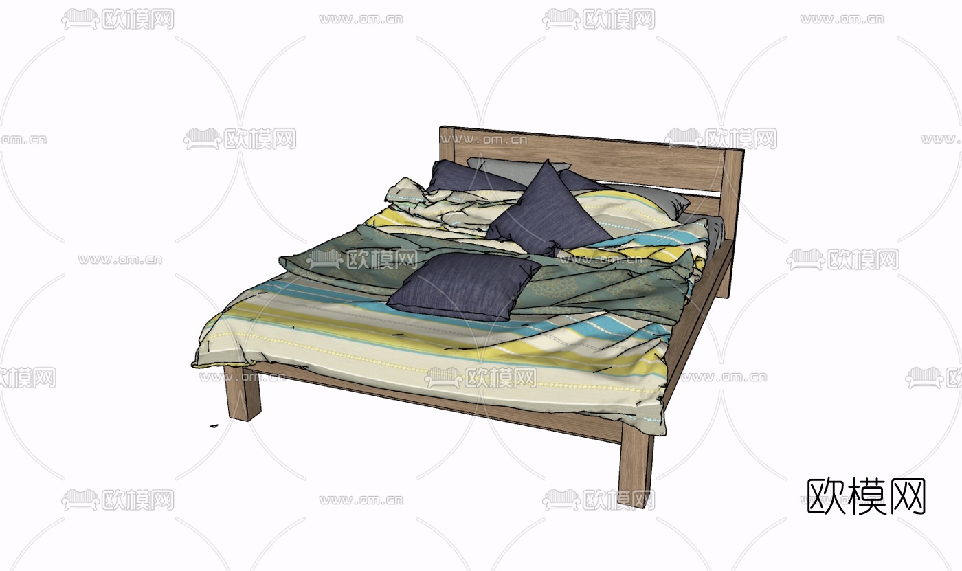现代实木双人床免费su模型下载