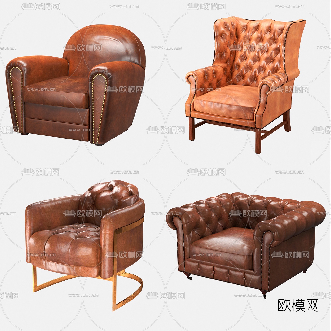 欧式皮革单人沙发3d模型下载