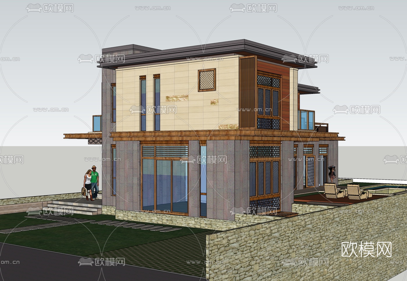新中式别墅外观免费su模型-免费3dmax模型库-欧模网
