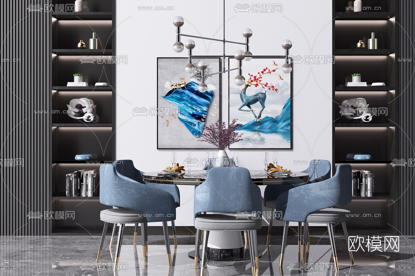 现代大理石圆形餐桌椅3d模型