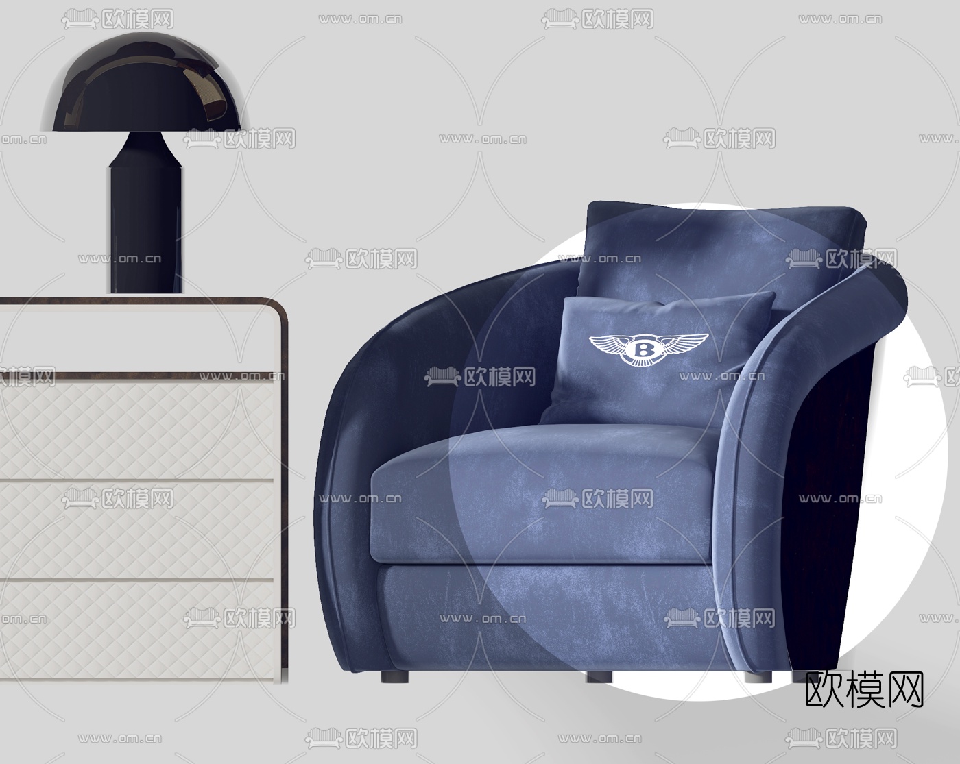 宾利Bentley Home现代绒布单人沙发边柜组合3d模型下载（渲染图2）