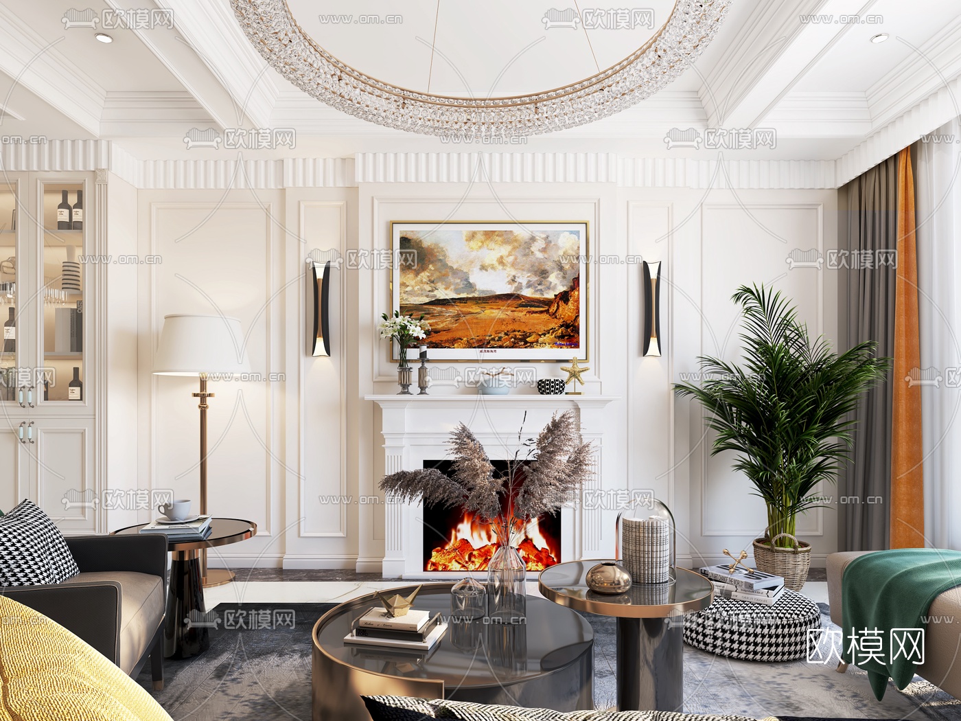 简欧轻奢客厅餐厅3d模型下载（渲染图3）