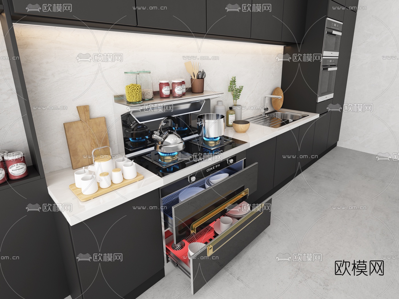 现代实木橱柜3d模型下载（渲染图2）