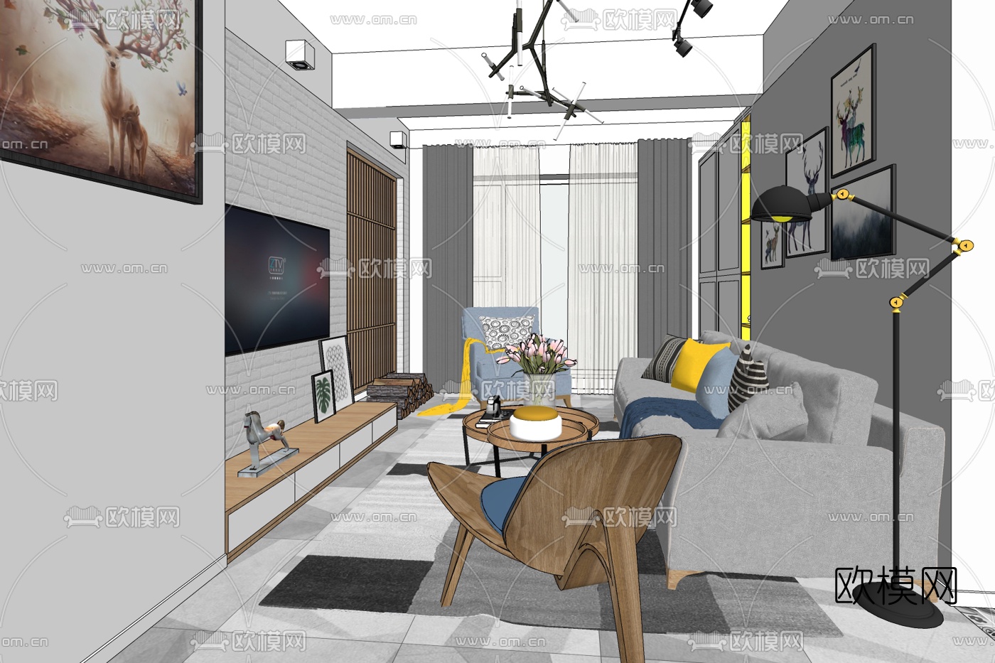 现代客厅免费su模型下载_ID10487353_sketchup模型下载-欧模网