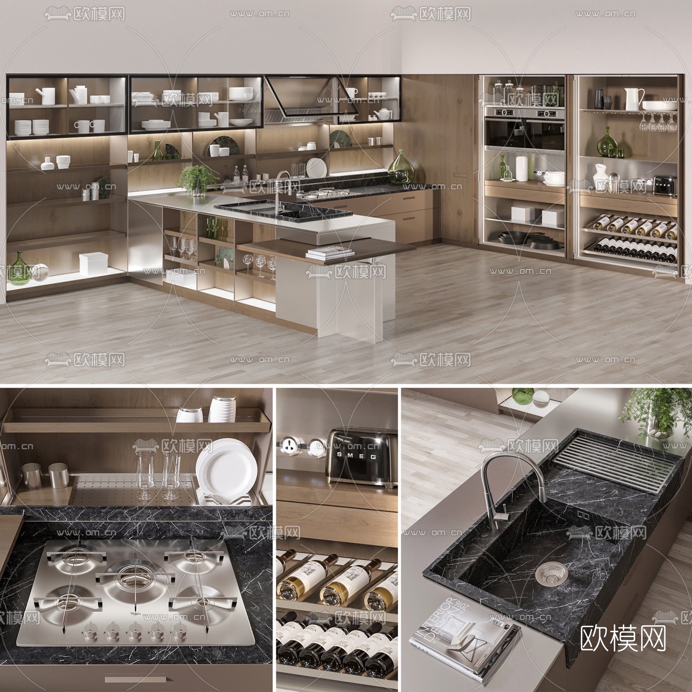 现代实木转角橱柜餐具3d模型