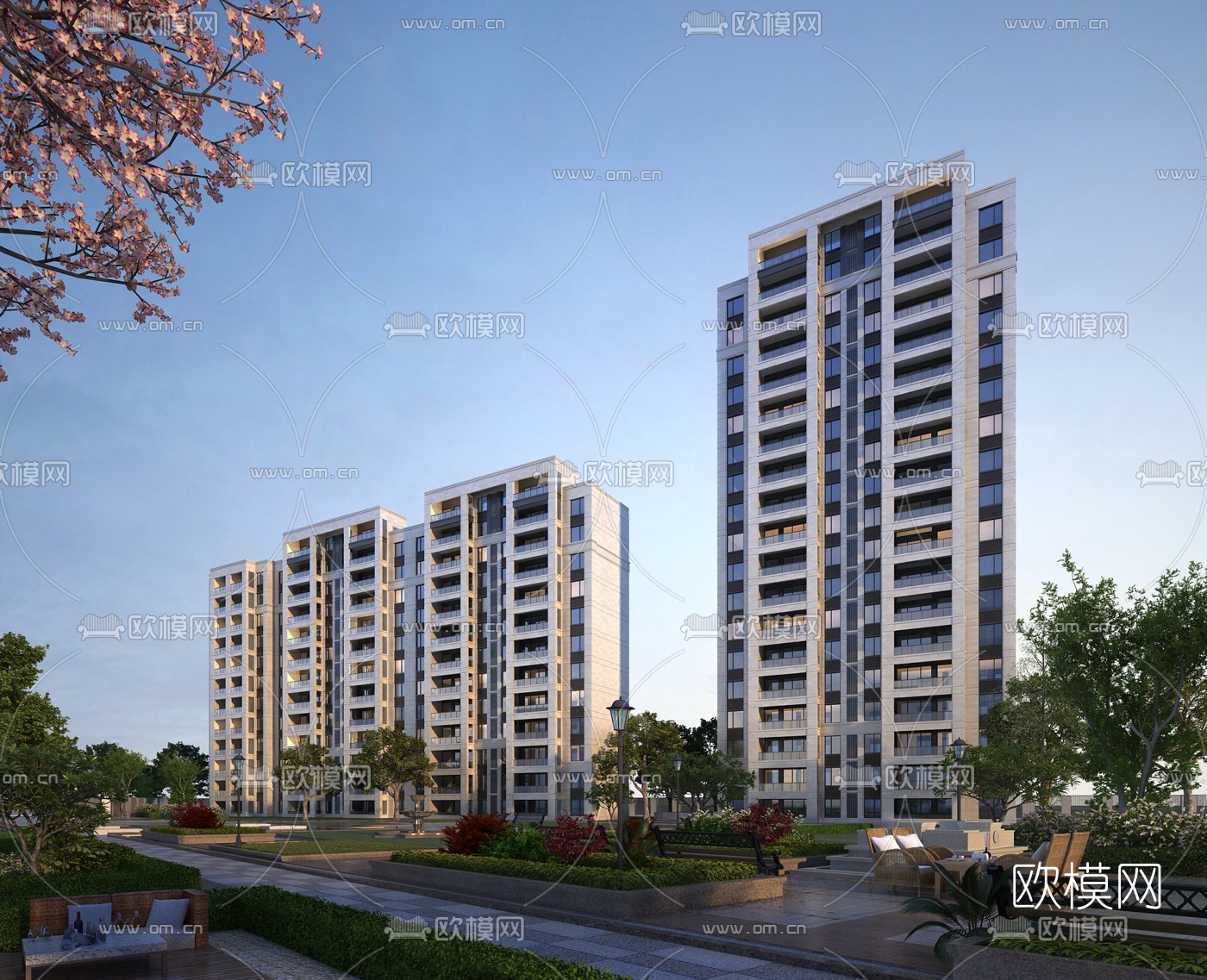现代高层住宅楼外观3d模型下载