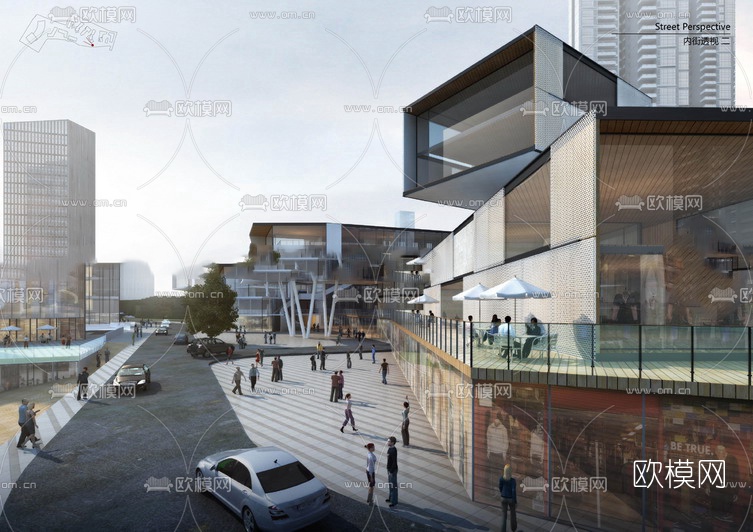 现代办公楼商业街su模型下载（渲染图2）