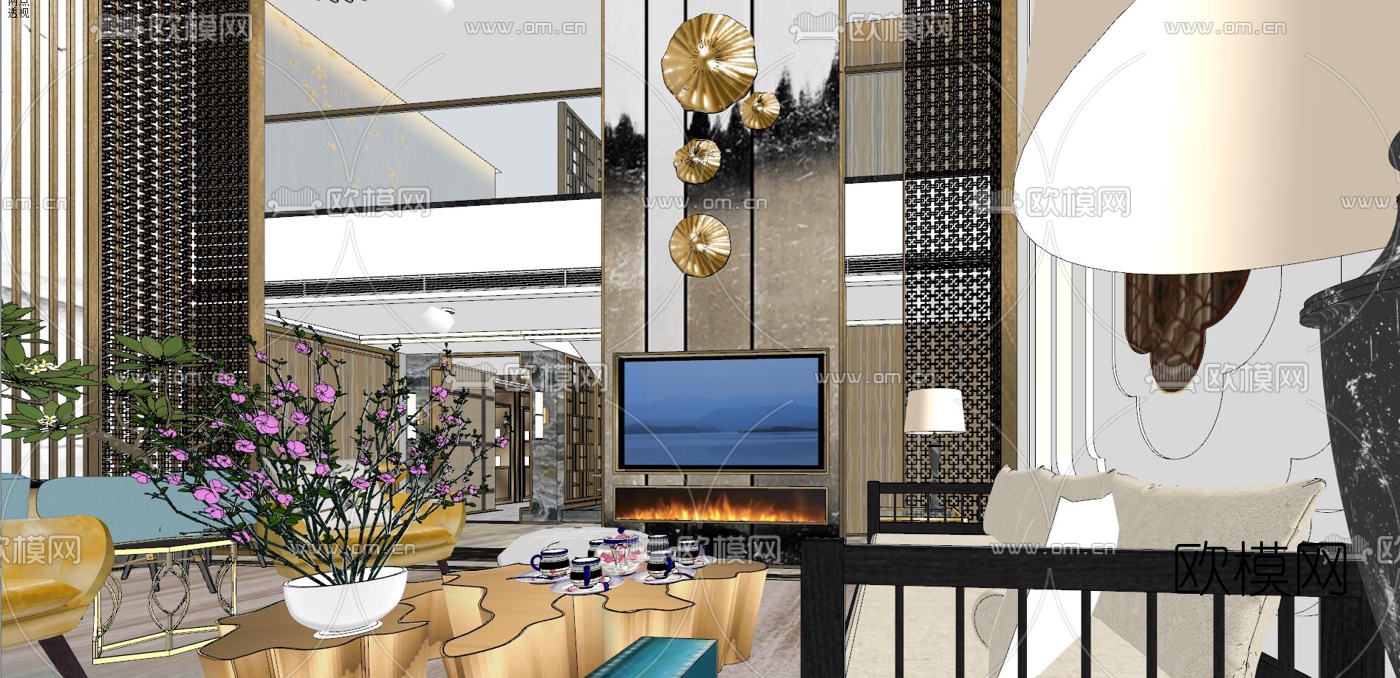 后现代轻奢别墅客厅餐厅su模型下载（渲染图3）