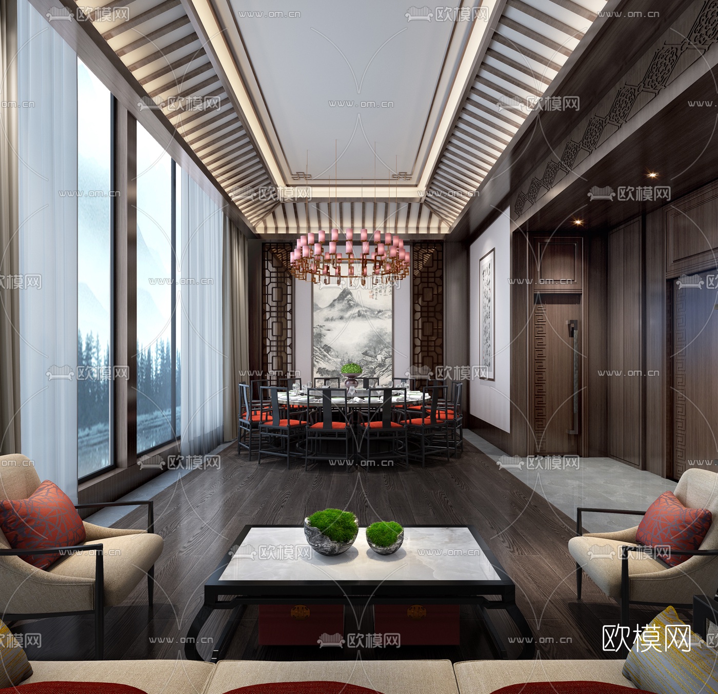 新中式餐厅包房3d模型-免费3dmax模型库-欧模网