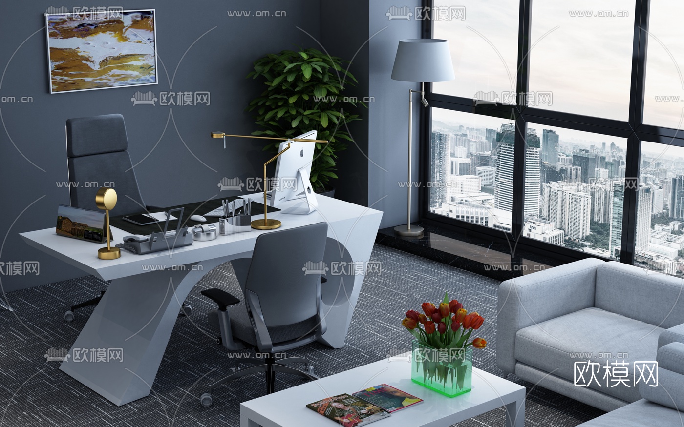 现代大班台桌组合3d模型