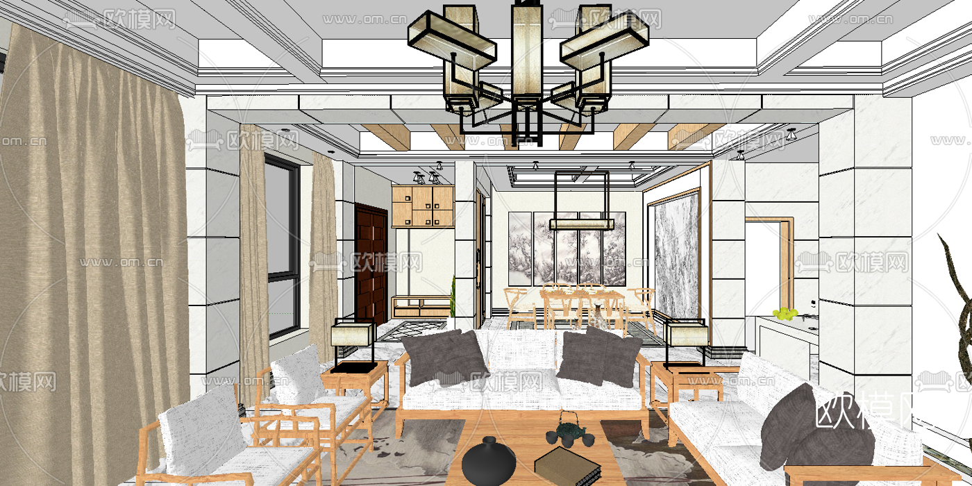 新中式客厅餐厅su模型