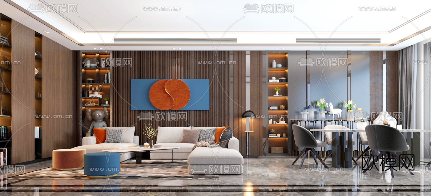 后现代客厅餐厅3d模型下载（渲染图1）