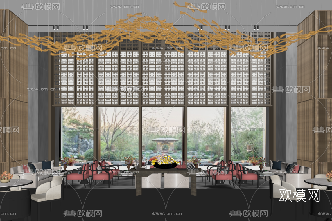 新中式售楼处洽谈区su模型