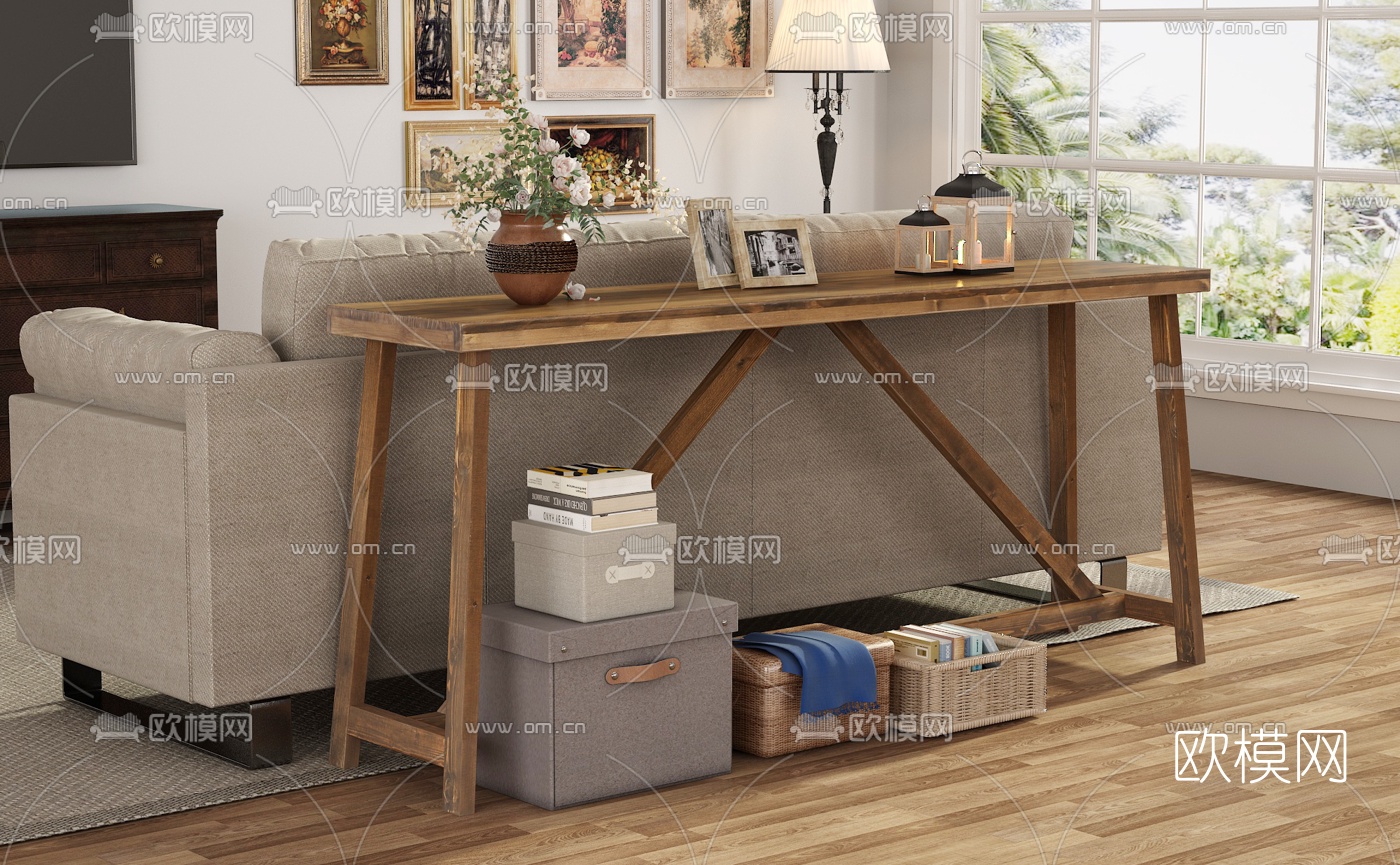 北欧原木端景条案3d模型下载（渲染图1）