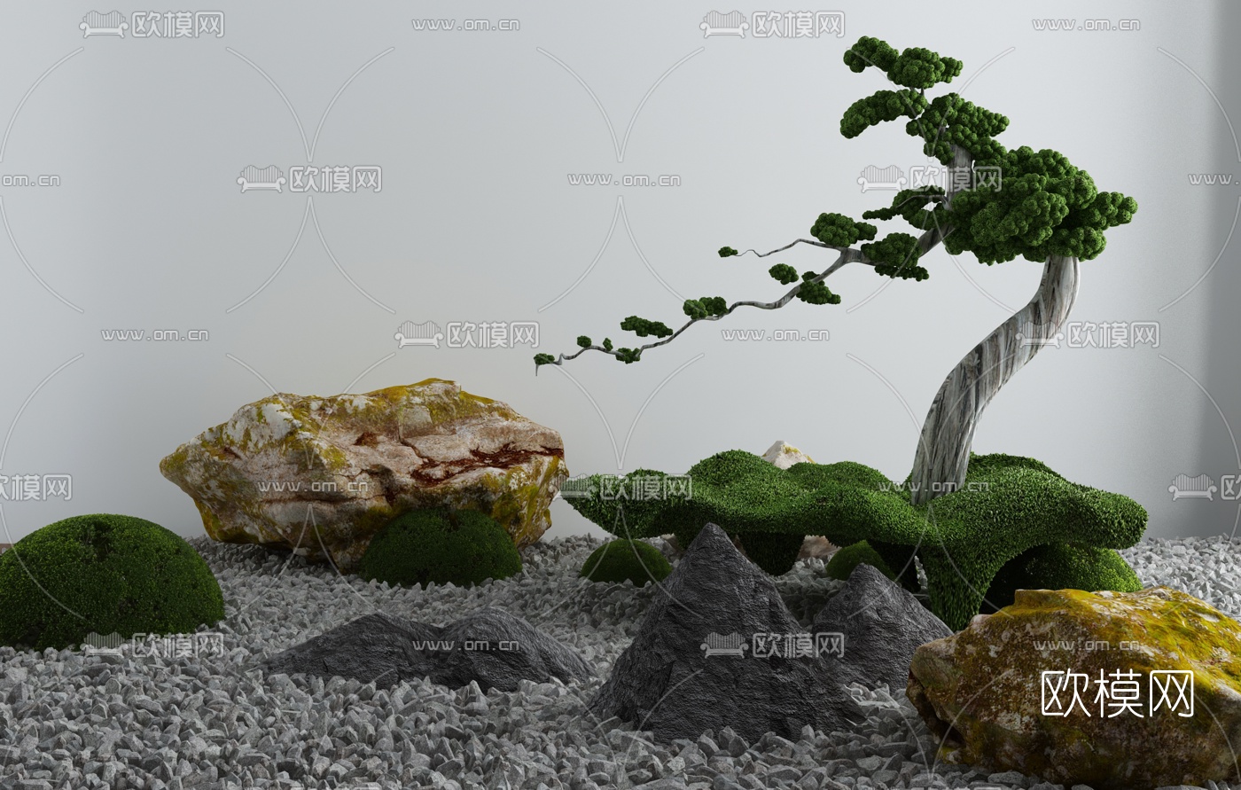 新中式山石绿植景观小品3d模型