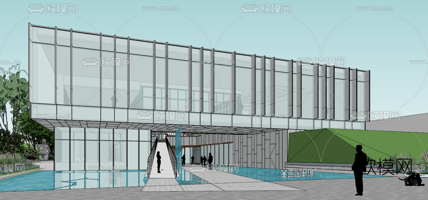现代图书馆外观su模型下载（渲染图2）