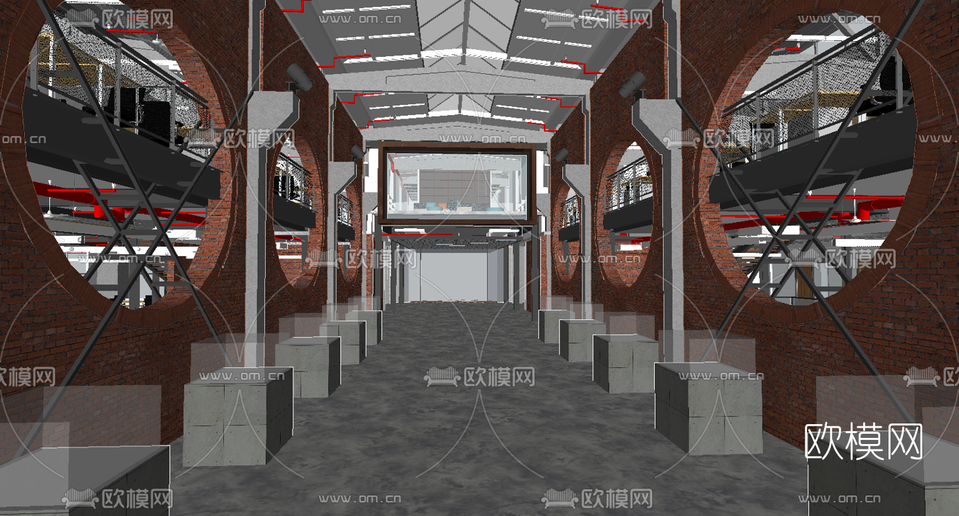 工业风敞开式办公区su模型下载（渲染图4）