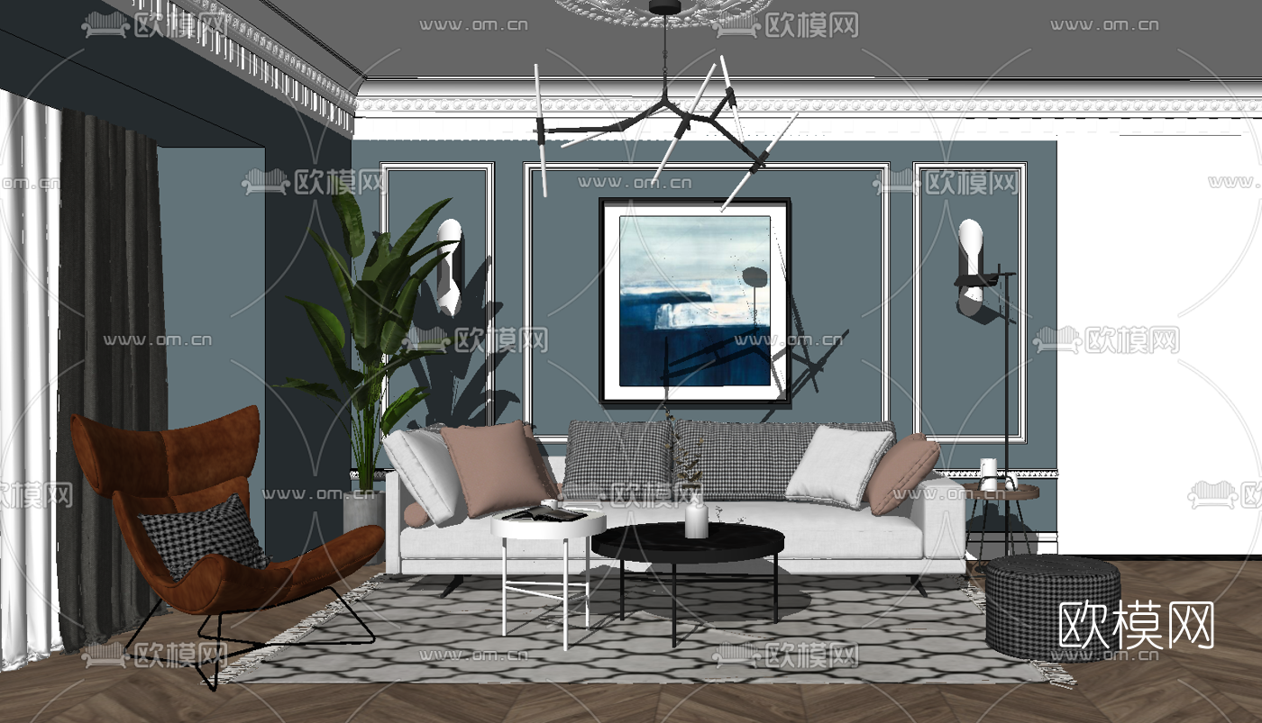 北欧客厅su模型下载
