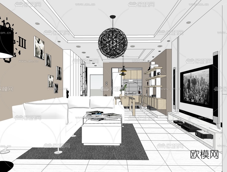 现代客厅免费su模型下载_ID10487363_sketchup模型下载-欧模网