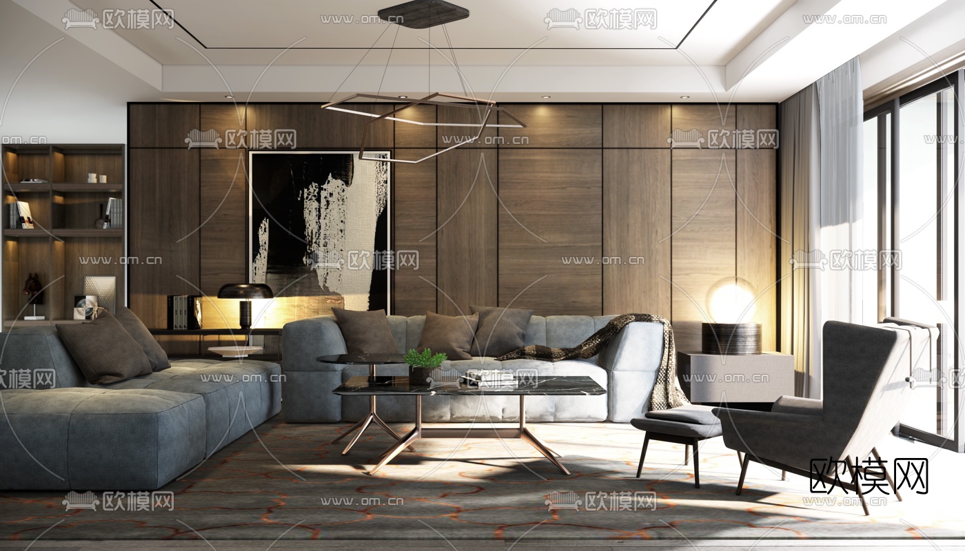 现代布艺沙发组合su模型下载（渲染图1）