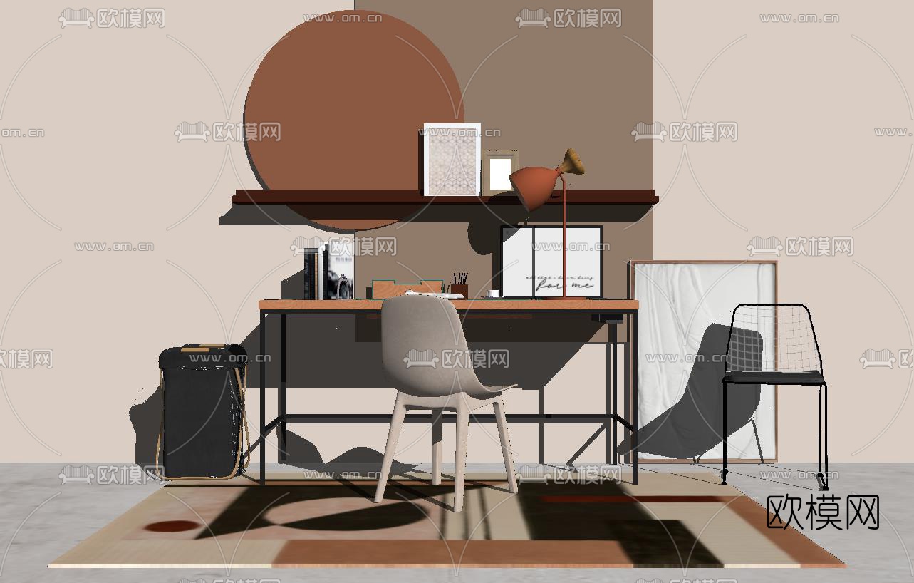 北欧铁艺原木书桌su模型下载