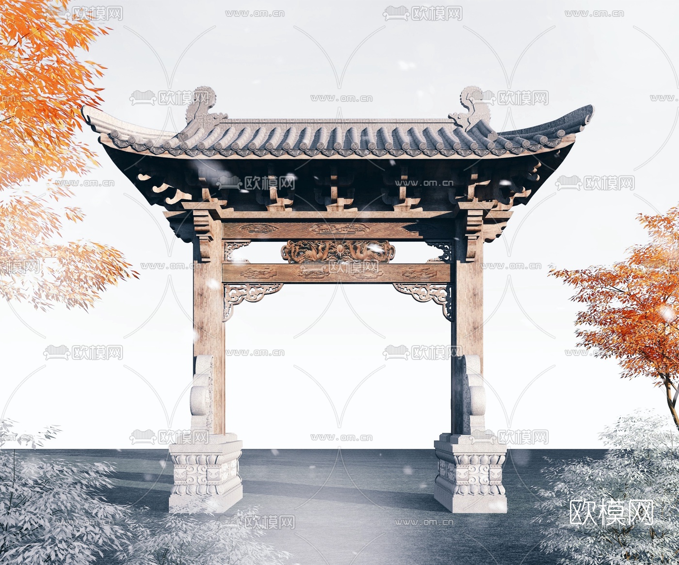 中式实木牌坊3d模型