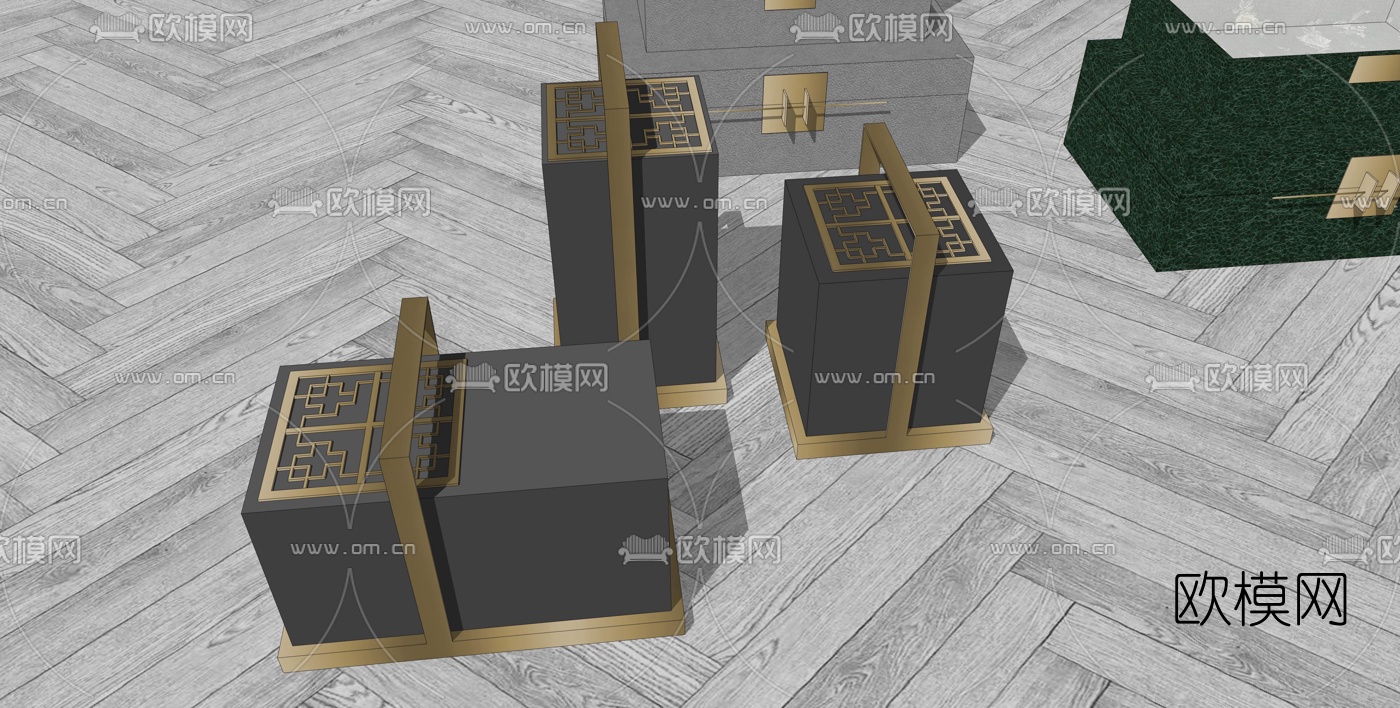 新中式实木储物柜su模型下载（渲染图2）
