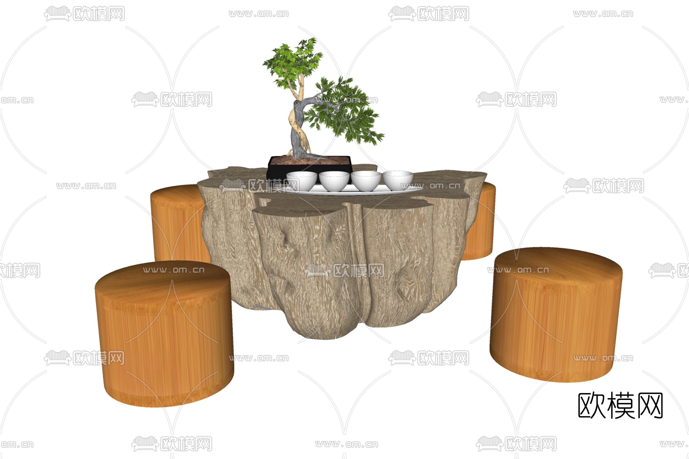 新中式实木茶桌椅免费su模型下载