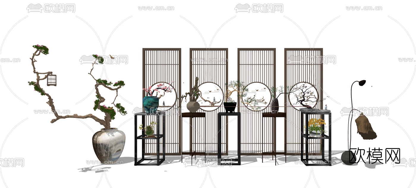 中式花架盆栽盆景su模型下载