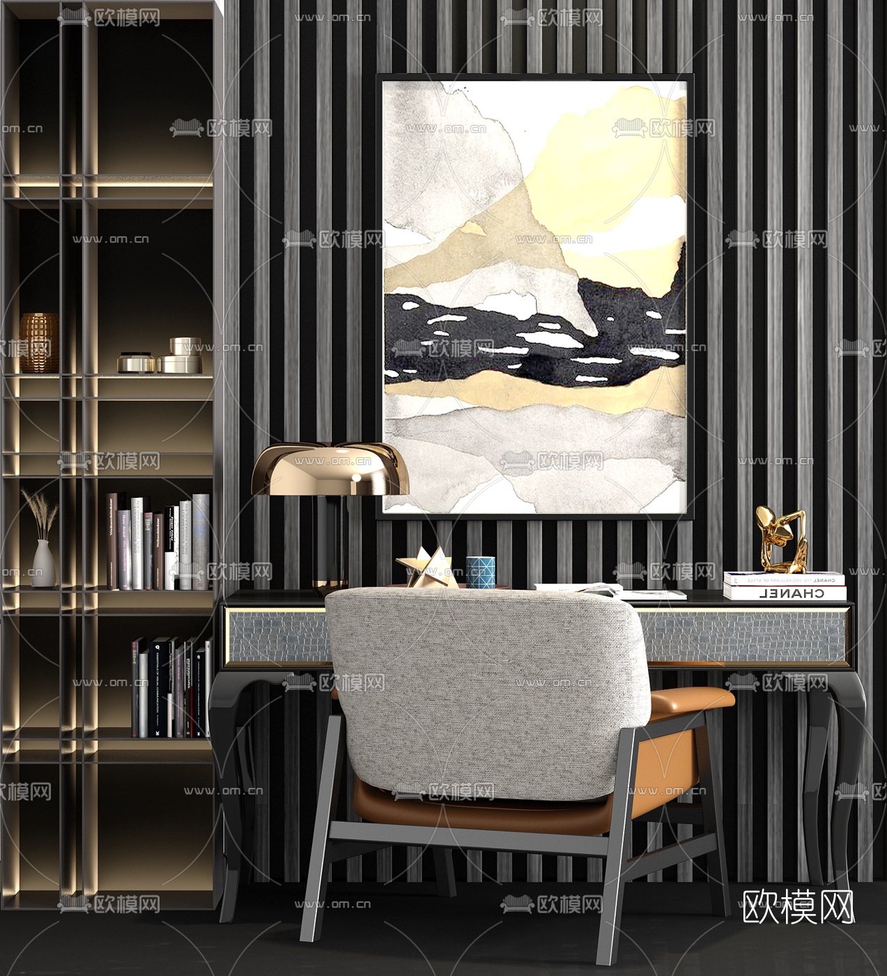 现代轻奢实木书桌椅3d模型下载