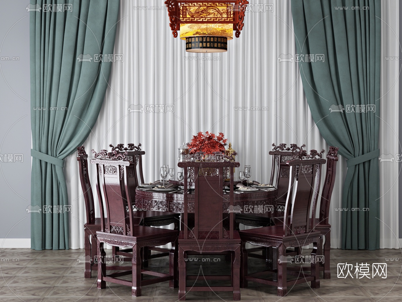 中式实木餐桌椅3d模型下载