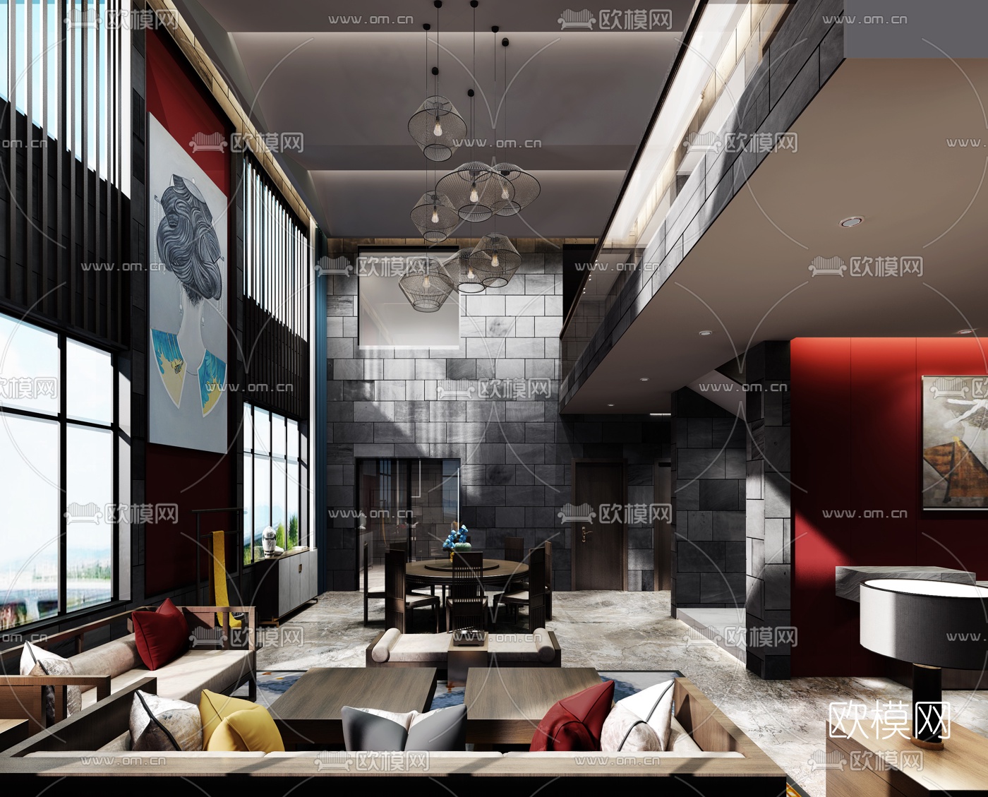 新中式别墅大堂餐厅3d模型