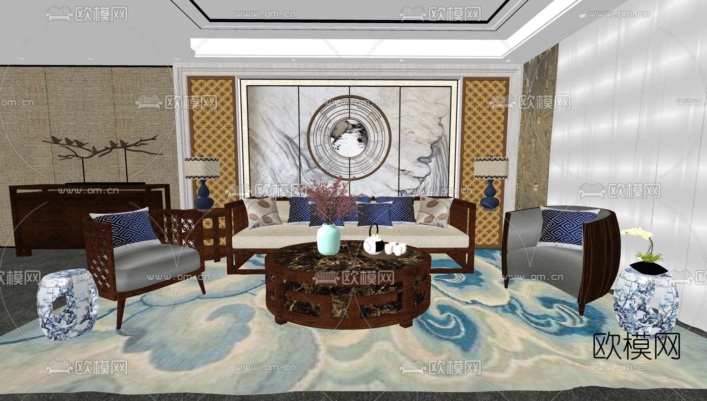 新中式客厅su模型下载