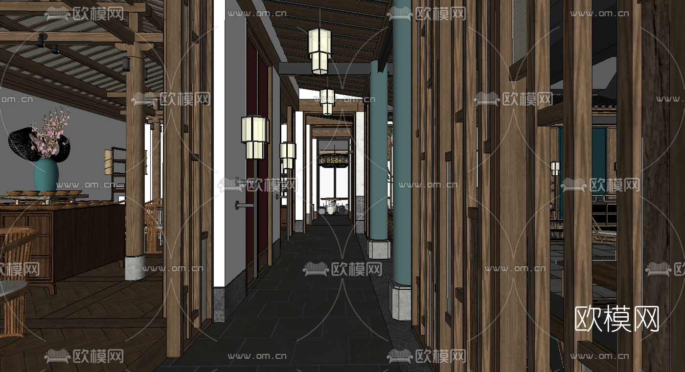 新中式自助餐厅su模型