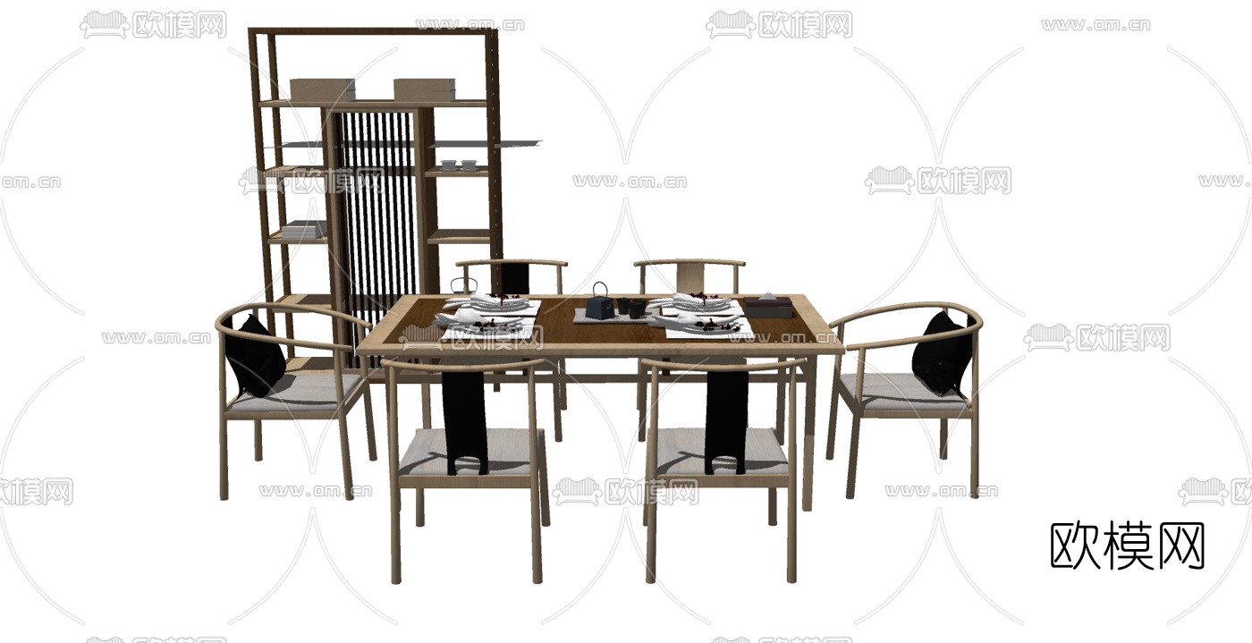 新中式实木餐桌椅su模型下载