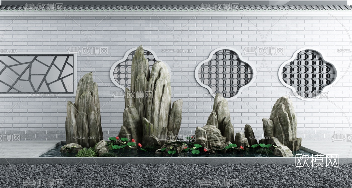 新中式假山荷花水景3d模型下载