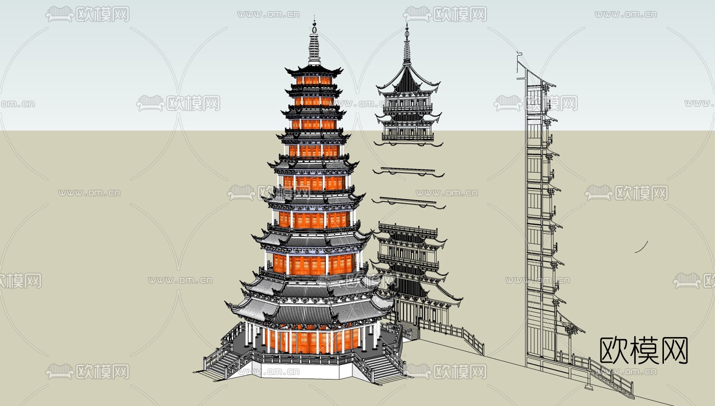 中式古塔免费su模型下载