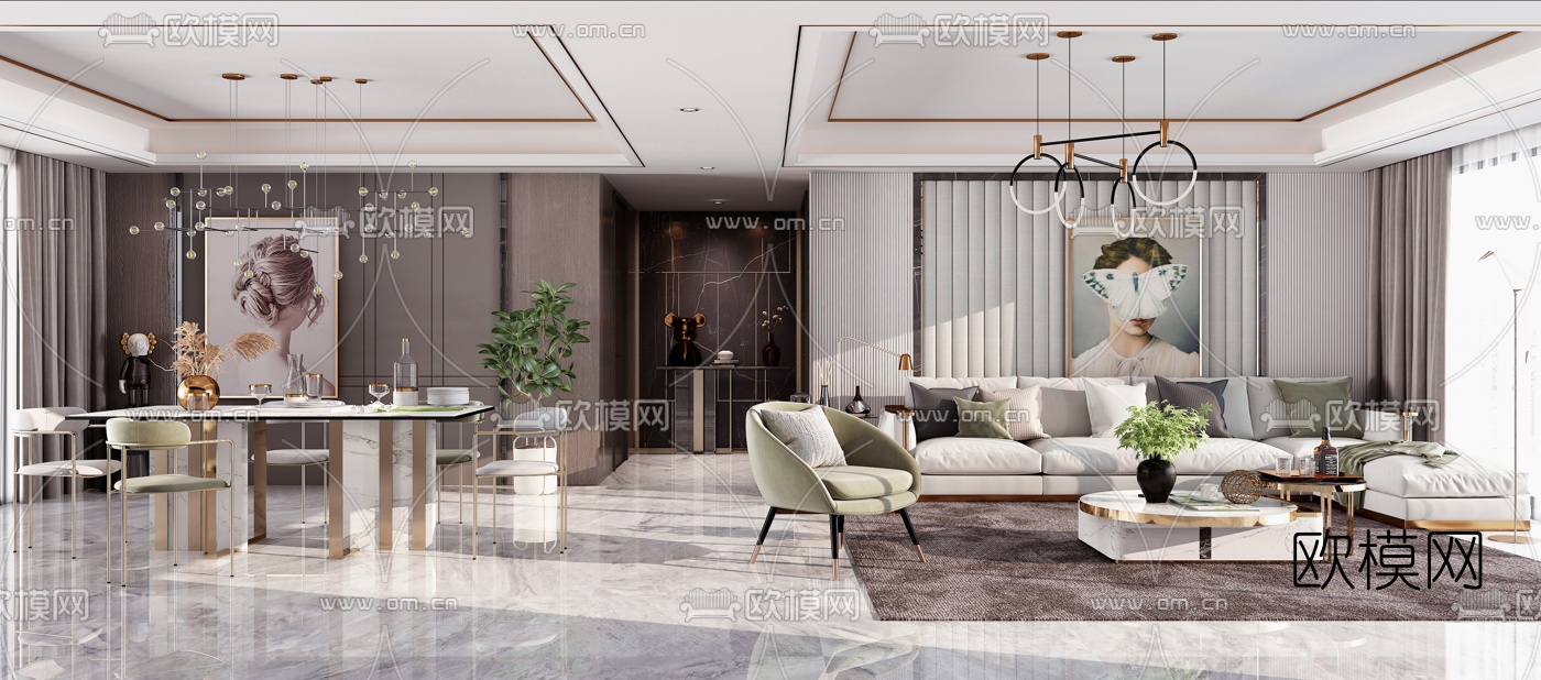 现代轻奢客厅餐厅3d模型