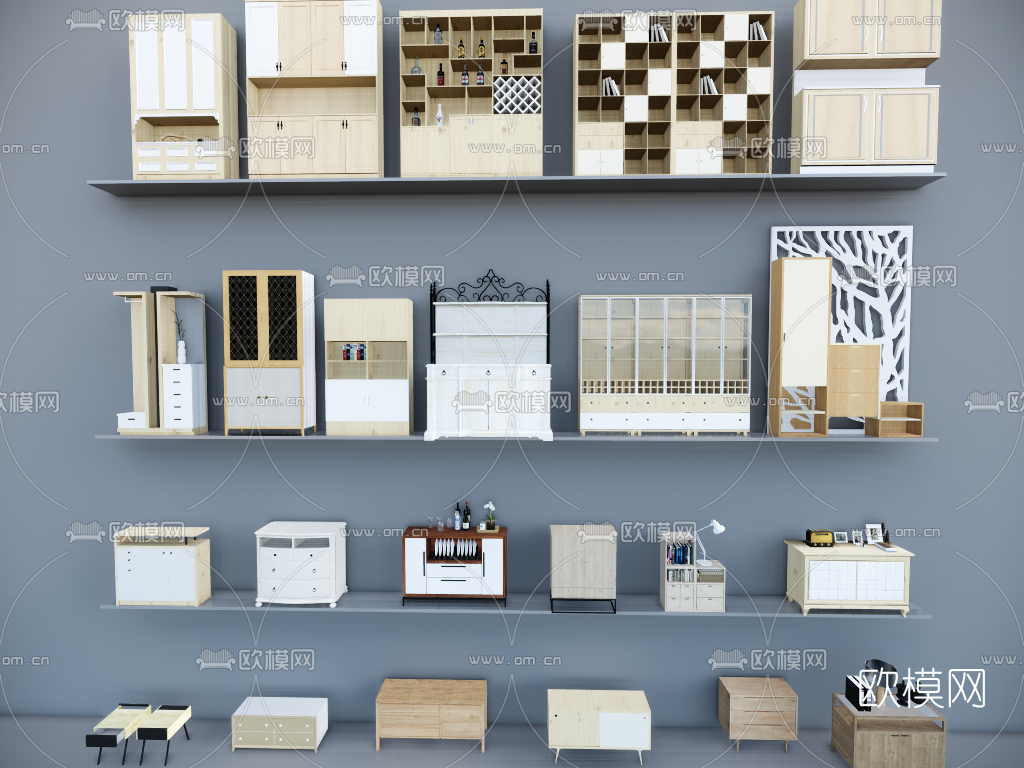 北欧实木储物柜组合su模型下载（渲染图3）