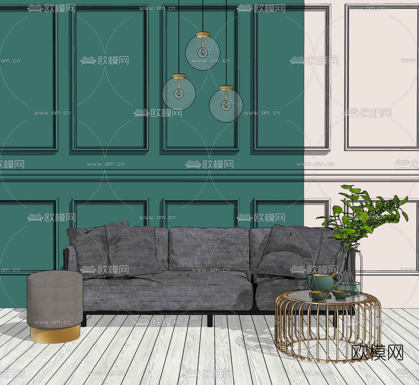 现代布艺多人沙发su模型下载