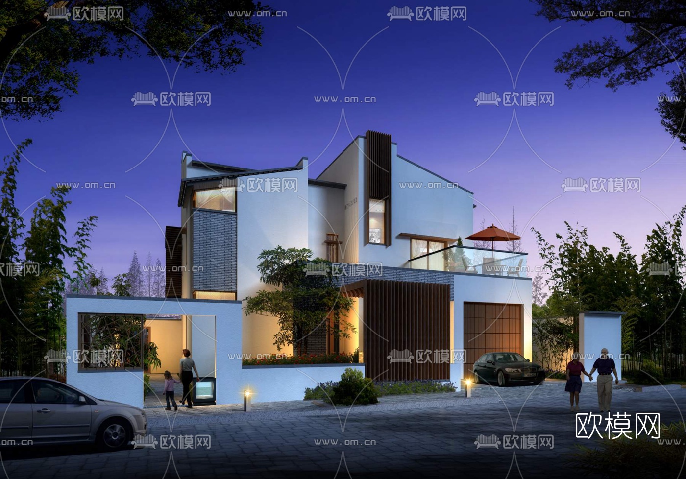 新中式别墅外观夜景3d模型